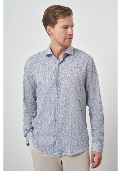 Erkek Gri Keten Trend Dynamic Fit Düğmeli Yaka Gömlek