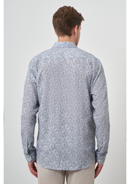 Erkek Gri Keten Trend Dynamic Fit Düğmeli Yaka Gömlek