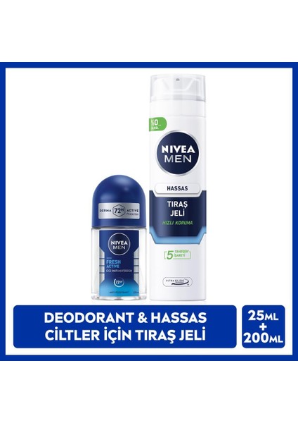 Men Erkek Hassas Ciltler Için Koruyucu Tıraş Jeli 200ML ve Mini Roll-On Deodorant Fresh Active 25ML