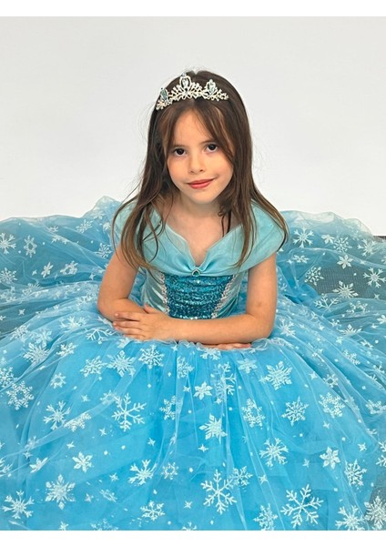Kız Çocuk Kostüm Mavi Elsa Frozen Düşük Omuz Detaylı Kasnaklı Kabarık Elsa Kostüm 3-8 Yaş