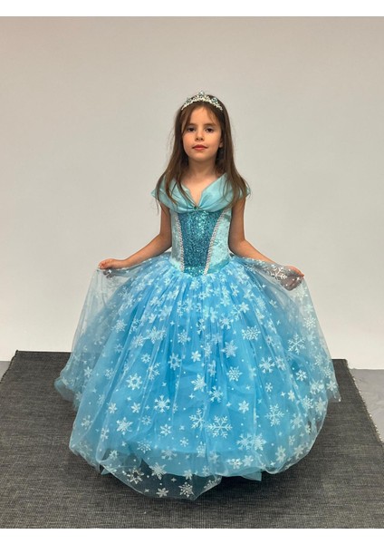 Kız Çocuk Kostüm Mavi Elsa Frozen Düşük Omuz Detaylı Kasnaklı Kabarık Elsa Kostüm 3-8 Yaş fiyatları