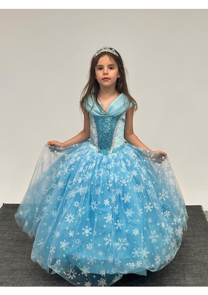 Kız Çocuk Kostüm Mavi Elsa Frozen Düşük Omuz Detaylı Kasnaklı Kabarık Elsa Kostüm 3-8 Yaş modelleri