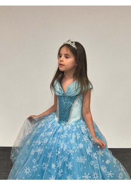 Kız Çocuk Kostüm Mavi Elsa Frozen Düşük Omuz Detaylı Kasnaklı Kabarık Elsa Kostüm 3-8 Yaş fırsatları