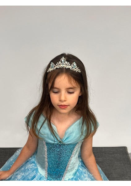 Kız Çocuk Kostüm Mavi Elsa Frozen Düşük Omuz Detaylı Kasnaklı Kabarık Elsa Kostüm 3-8 Yaş indirimleri