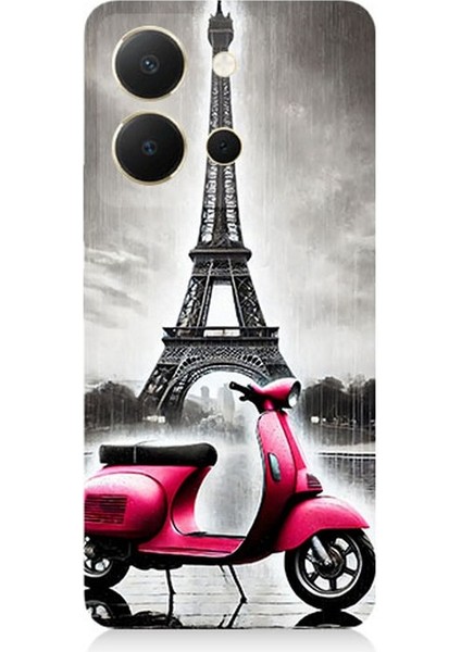 Vivo Y36 Uyumlu Pembe Scooter Eyfel Önü Desenli Silikon Kılıf