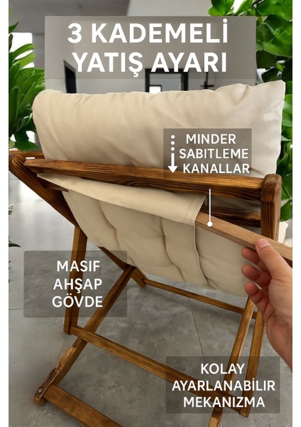 2 Adet Masif Ahşap Minderli Katlanır Şezlong Kamp Piknik Plaj Balkon Sandalyesi Şezlong