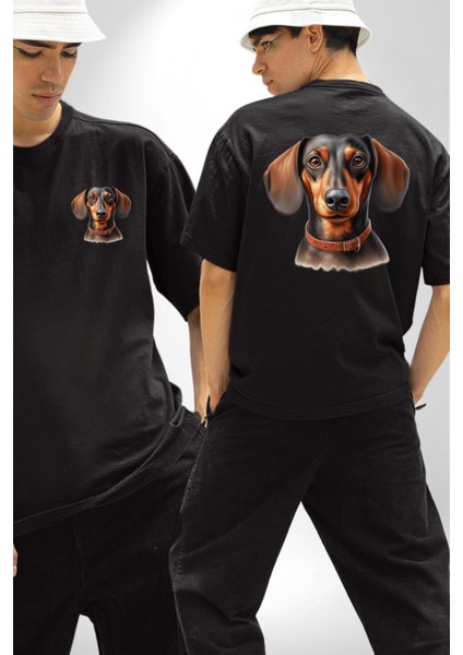 Tatlı Dachshund Köpek Aşkı Siyah Oversize Kadın Erkek Ön ve Sırt Baskılı Tişört