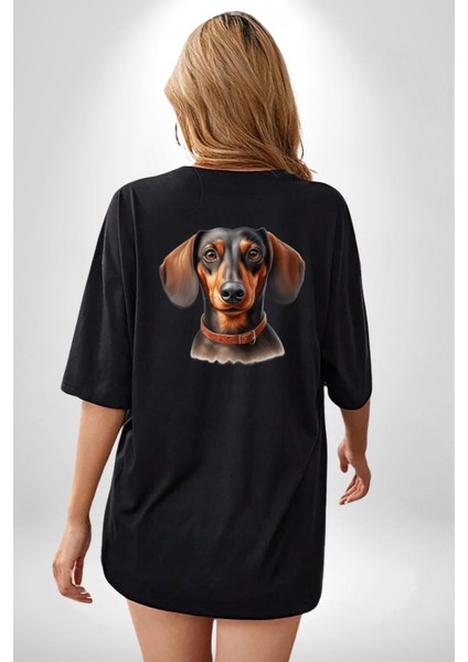 Tatlı Dachshund Köpek Aşkı Siyah Oversize Kadın Erkek Ön ve Sırt Baskılı Tişört fiyatları