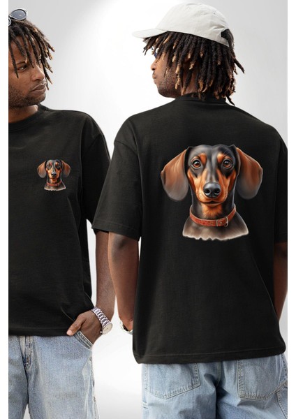 Tatlı Dachshund Köpek Aşkı Siyah Oversize Kadın Erkek Ön ve Sırt Baskılı Tişört fırsatları