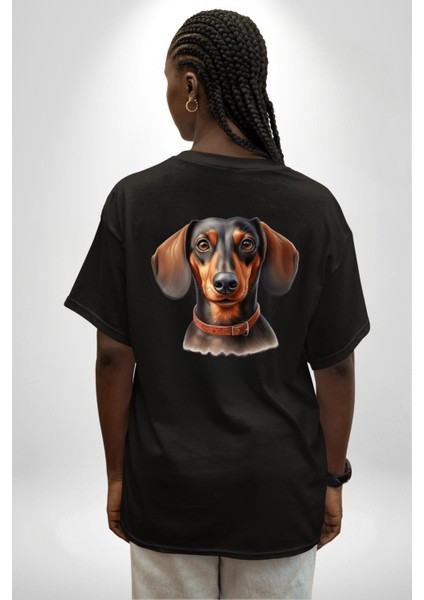 Tatlı Dachshund Köpek Aşkı Siyah Oversize Kadın Erkek Ön ve Sırt Baskılı Tişört indirimleri