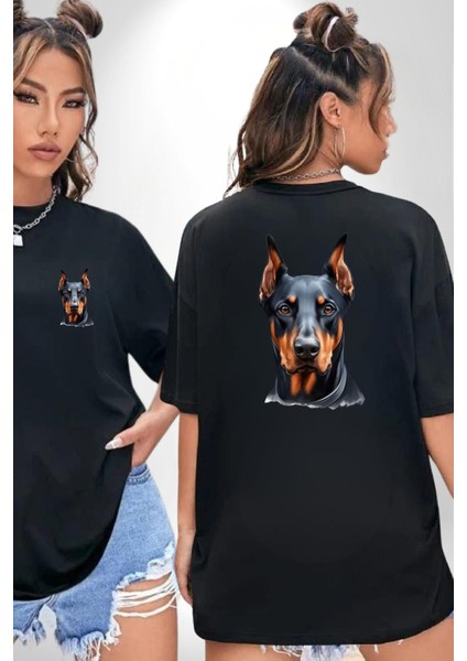 Sadık Doberman Cesur Güçlü Köpek Tasarımı Siyah Oversize Kadın Erkek Ön ve Sırt Baskılı Tişört fırsatları