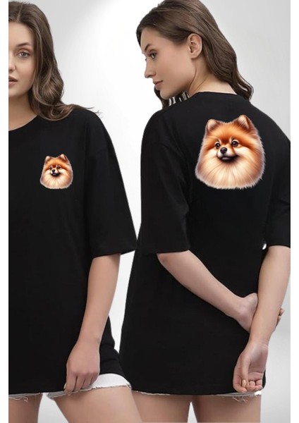 Pomeranian Sevimli Tatlı Popüler Köpek Tasarımı Siyah Oversize Kadın Erkek Ön ve Sırt Baskılı Tişört