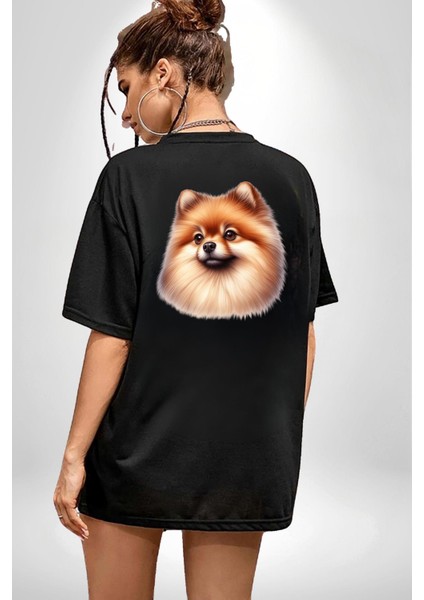 Pomeranian Sevimli Tatlı Popüler Köpek Tasarımı Siyah Oversize Kadın Erkek Ön ve Sırt Baskılı Tişört fiyatları