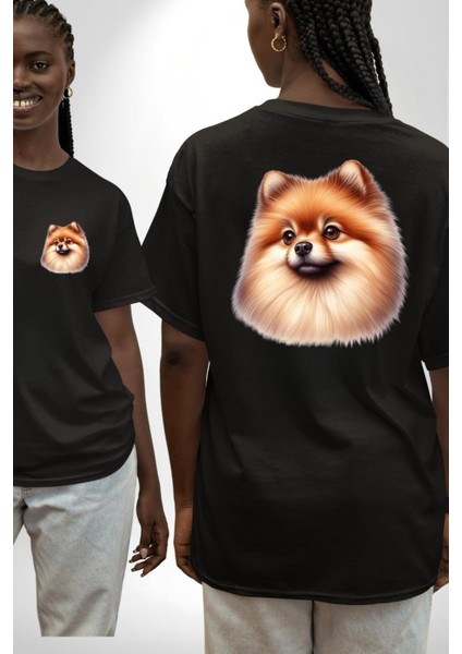 Pomeranian Sevimli Tatlı Popüler Köpek Tasarımı Siyah Oversize Kadın Erkek Ön ve Sırt Baskılı Tişört fırsatları