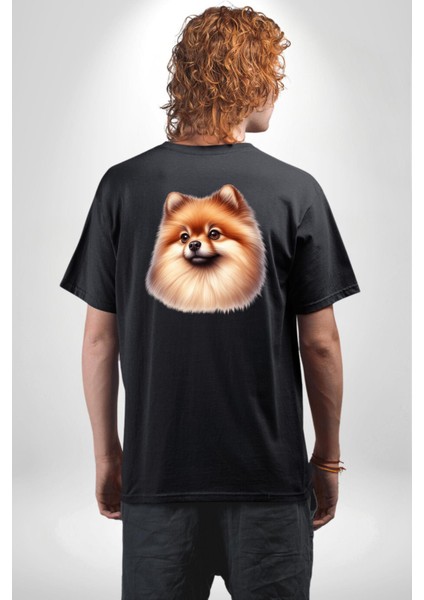 Pomeranian Sevimli Tatlı Popüler Köpek Tasarımı Siyah Oversize Kadın Erkek Ön ve Sırt Baskılı Tişört indirimleri