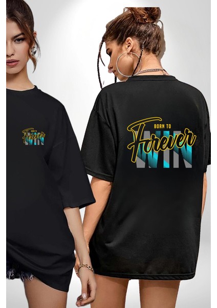 Born To Win Baskılı Motivasyonel Tasarım Siyah Oversize Kadın Erkek Ön ve Sırt Baskılı Tişört