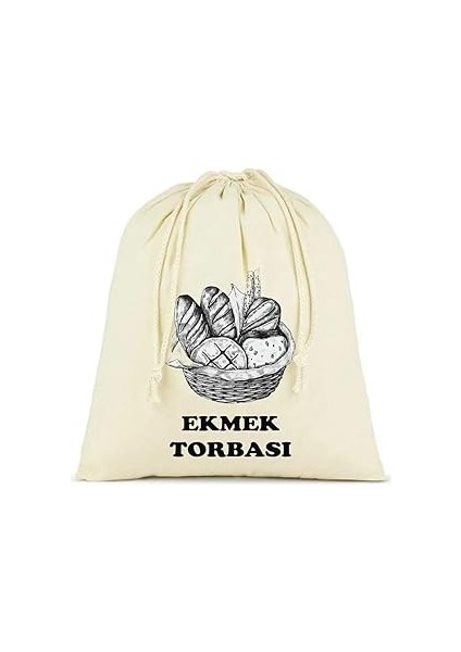 Ekmek Torbası, Pamuk Bez Torba, 40X40 Cm, Baskılı Ekmek Desenli, Krem Rengi