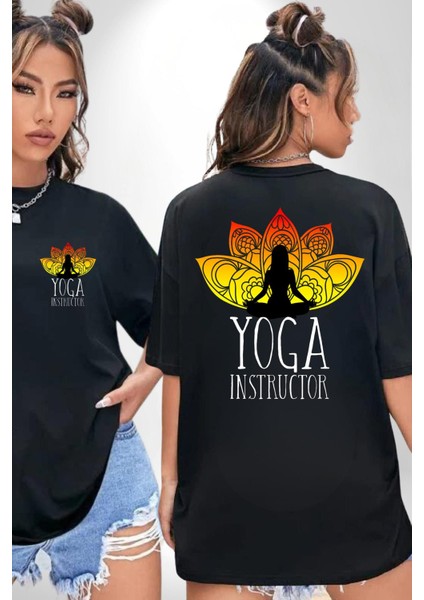 Yoga ve Meditasyon Lotus Çiçeği Siyah Oversize Kadın Erkek Ön ve Sırt Baskılı Tişört