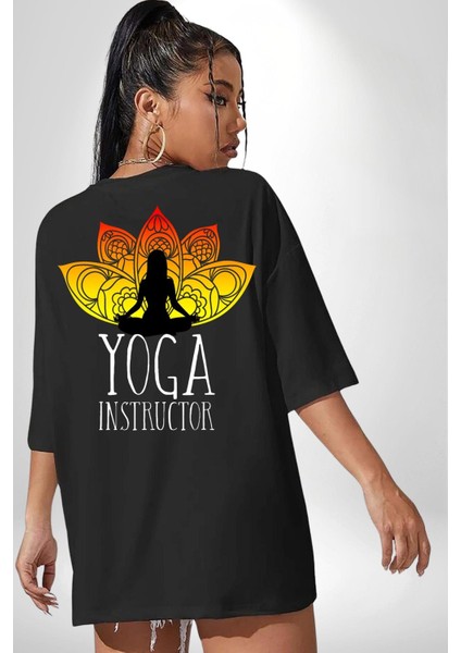 Yoga ve Meditasyon Lotus Çiçeği Siyah Oversize Kadın Erkek Ön ve Sırt Baskılı Tişört indirimleri