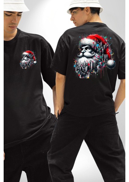 Sokakta Noel Baba Siyah Oversize Kadın Erkek Ön ve Sırt Baskılı Tişört