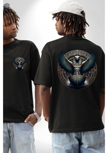 Nemty Tanrısı Seyahat ve Güven Mısır Siyah Oversize Kadın Erkek Ön ve Sırt Baskılı Tişört