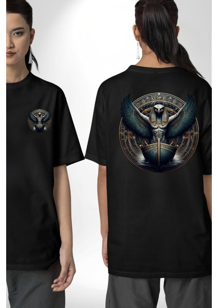 Nemty Tanrısı Seyahat ve Güven Mısır Siyah Oversize Kadın Erkek Ön ve Sırt Baskılı Tişört fırsatları