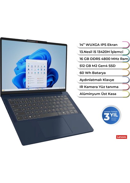 Ideapad Slim 3 14IRH10 Intel I5 13420H Ddr5 16 GB 512 GB Freedos 14 Inç Wuxga Aydınlatmalı Klavye