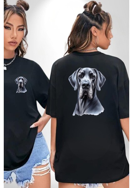 Güçlü Büyük Danua Köpek Dostu Siyah Oversize Kadın Erkek Ön ve Sırt Baskılı Tişört