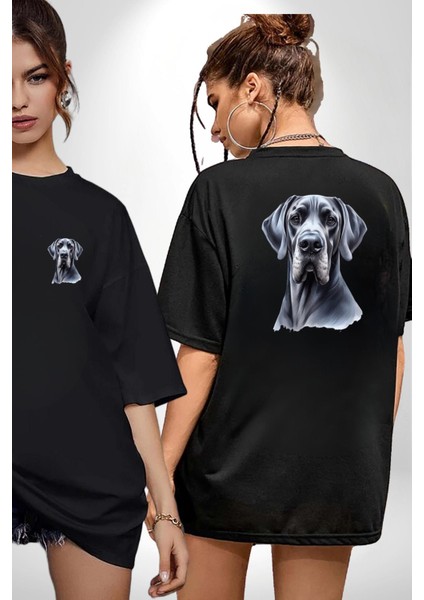 Güçlü Büyük Danua Köpek Dostu Siyah Oversize Kadın Erkek Ön ve Sırt Baskılı Tişört fırsatları