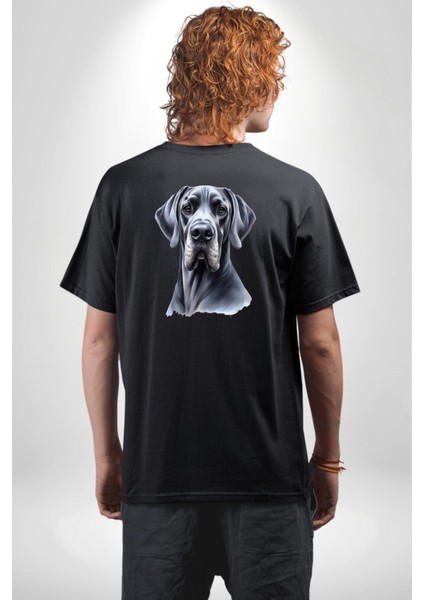 Güçlü Büyük Danua Köpek Dostu Siyah Oversize Kadın Erkek Ön ve Sırt Baskılı Tişört indirimleri
