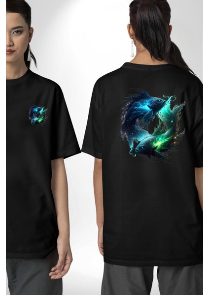 Balık Burçu Özel Tasarım Siyah Oversize Kadın Erkek Ön ve Sırt Baskılı Tişört