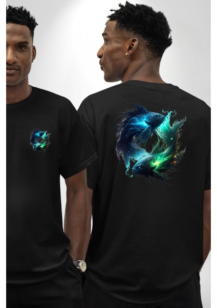 Balık Burçu Özel Tasarım Siyah Oversize Kadın Erkek Ön ve Sırt Baskılı Tişört fırsatları