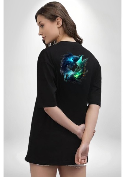 Balık Burçu Özel Tasarım Siyah Oversize Kadın Erkek Ön ve Sırt Baskılı Tişört indirimleri
