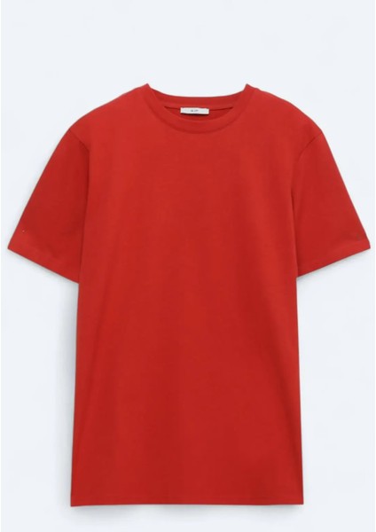 Koyu Turuncu Bisiklet Yaka %100 Pamuk T-Shirt
