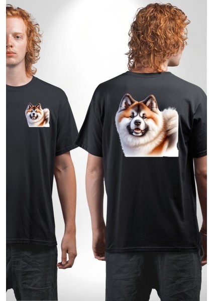 Akita Inu Sadık Köpek Siyah Oversize Kadın Erkek Ön ve Sırt Baskılı Tişört