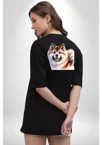 Akita Inu Sadık Köpek Siyah Oversize Kadın Erkek Ön ve Sırt Baskılı Tişört fiyatları