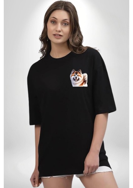 Akita Inu Sadık Köpek Siyah Oversize Kadın Erkek Ön ve Sırt Baskılı Tişört modelleri
