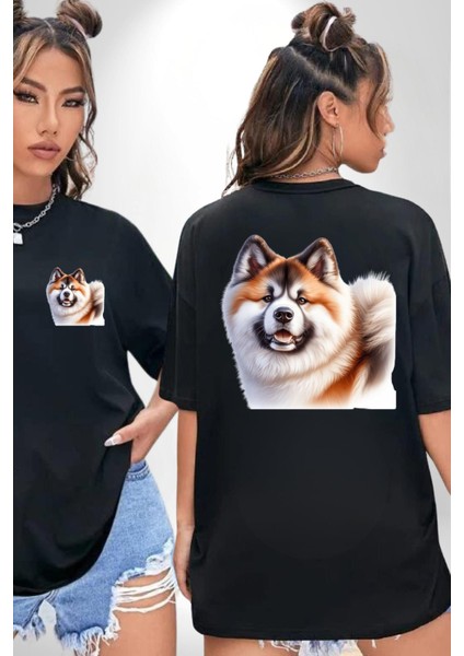Akita Inu Sadık Köpek Siyah Oversize Kadın Erkek Ön ve Sırt Baskılı Tişört fırsatları