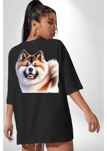Akita Inu Sadık Köpek Siyah Oversize Kadın Erkek Ön ve Sırt Baskılı Tişört indirimleri