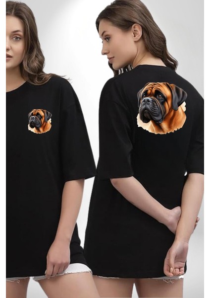 Bullmastiff Köpek Aşkı Siyah Oversize Kadın Erkek Ön ve Sırt Baskılı Tişört