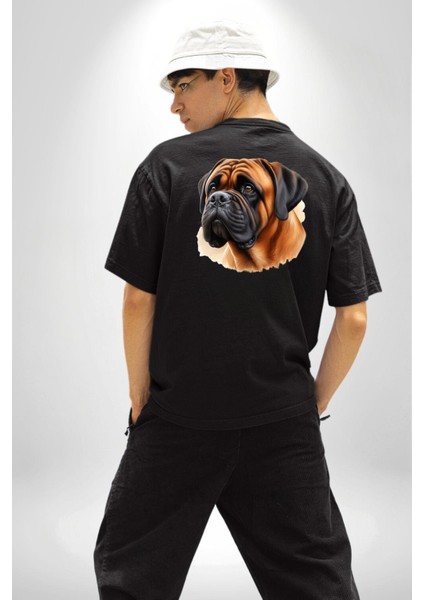 Bullmastiff Köpek Aşkı Siyah Oversize Kadın Erkek Ön ve Sırt Baskılı Tişört indirimleri