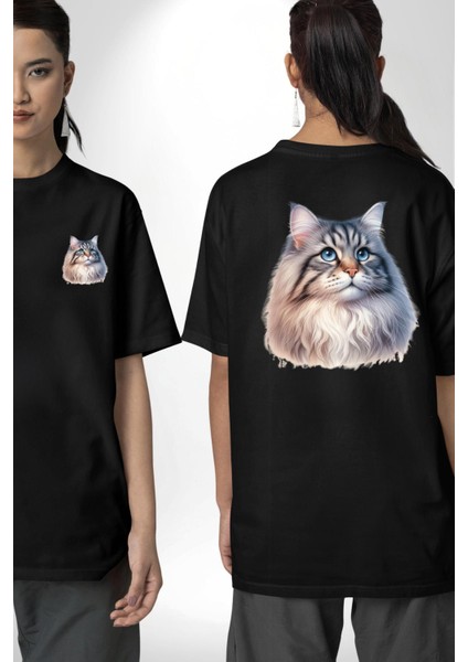 Norveç Orman Kedi Sever Siyah Oversize Kadın Erkek Ön ve Sırt Baskılı Tişört fırsatları