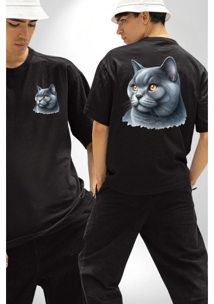 British Shorthair Kedi Siyah Oversize Kadın Erkek Ön ve Sırt Baskılı Tişört