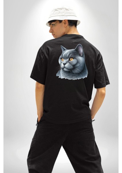British Shorthair Kedi Siyah Oversize Kadın Erkek Ön ve Sırt Baskılı Tişört indirimleri