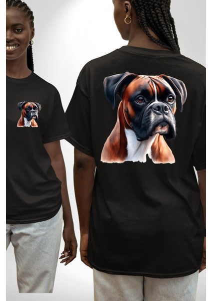Enerjik Boxer Köpek Tasarımı Siyah Oversize Kadın Erkek Ön ve Sırt Baskılı Tişört