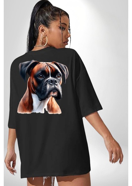 Enerjik Boxer Köpek Tasarımı Siyah Oversize Kadın Erkek Ön ve Sırt Baskılı Tişört fiyatları