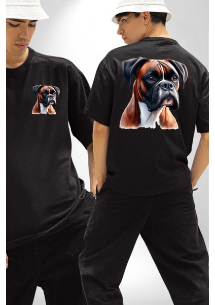 Enerjik Boxer Köpek Tasarımı Siyah Oversize Kadın Erkek Ön ve Sırt Baskılı Tişört fırsatları