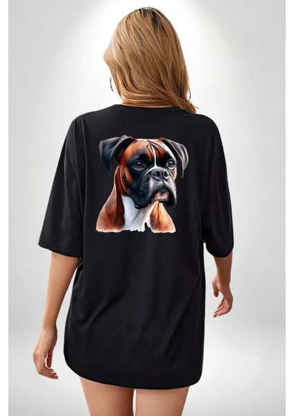 Enerjik Boxer Köpek Tasarımı Siyah Oversize Kadın Erkek Ön ve Sırt Baskılı Tişört indirimleri