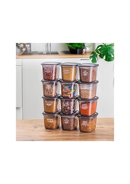 1022 12 Li Etiketli Kapaklı Dikdörtgen Gıda Erzak Bakliyat Saklama Kabı Seti - 1,3 Lt