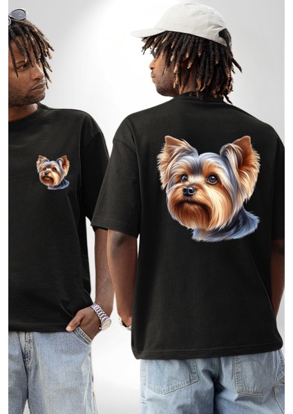 Yorkshire Terrier Teacup Mini Köpek Aşkı Siyah Oversize Kadın Erkek Ön ve Sırt Baskılı Tişört